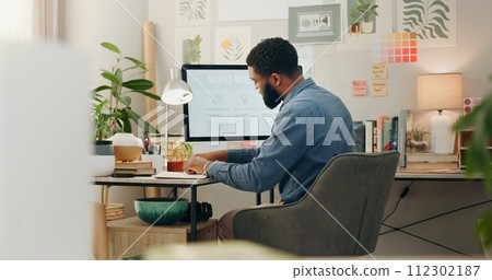 Night, desk and a black man with a notebook for planning of work goals, target or ideas for a project. Workspace, strategy and an African businessman writing for deadline inspiration or notes 112302187