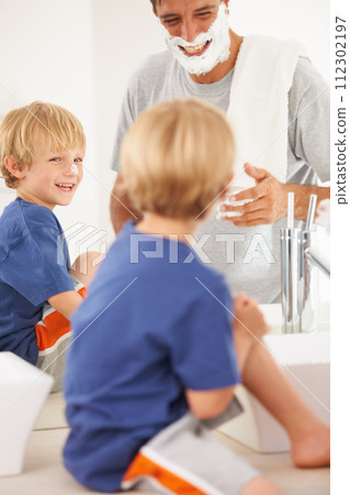 Shaving, dad and kid with cream on face, mirror and bonding in home with morning smile. Teaching, learning and father with happy son in bathroom for facial shave, clean fun and grooming together. 112302197
