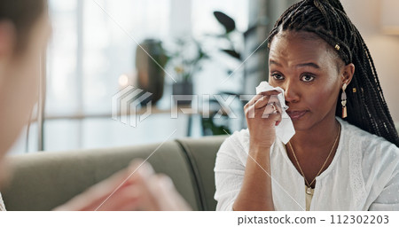 Psychology, mental health and support with a black woman therapist talking to a patient in her office. Consulting, empathy and trauma with a young psychologist listening to a client in grief therapy 112302203