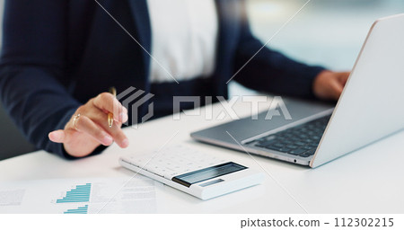 Business hands, calculator and finance on computer for budget planning, data analysis or statistics report in office. Bookkeeping accountant or person with documents, numbers and typing on a laptop 112302215