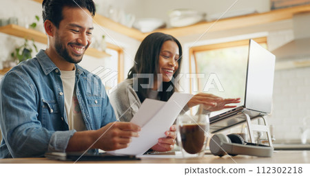 Kitchen, talking and couple with a tablet, planning a meal and communication with social media, home and internet connection. Network, man or woman with technology, speaking and website information 112302218