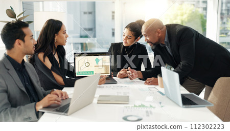 Data presentation, laptop screen or business people collaboration, meeting and consulting on investment stats. Corporate finance, group feedback or team cooperation on web statistics, metrics or info 112302223