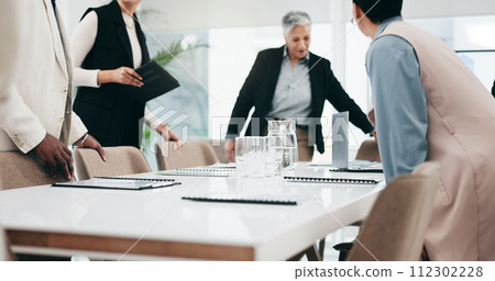 Talking, morning and business people leaving meeting, team seminar or a break from a workshop. Smile, together and corporate employees speaking and walking from a conference or training in an office 112302228