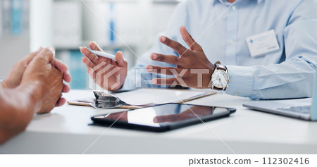 Hands, doctor and patient with clipboard for results, insurance paperwork and tablet for healthcare. People, medic and checklist with pen in consultation, counselling or discussion in hospital office 112302416