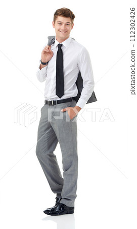 Studio, portrait or young businessman with smile in fashion suit or professional attorney by white background. Lawyer, positive and face with pride for law career and corporate style jacket in mockup 112302426
