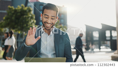 Hello, video call and business man with laptop in a city for online meeting, discussion or planning. Wave, pc and Japanese guy manager outdoor for web conference for crm, faq or proposal negotiation Hello, video call and business man with laptop in a city for online meeting, discussion or planning. Wave, pc and Japanese guy manager outdoor for web conference for crm, faq or proposal negotiation 112302443