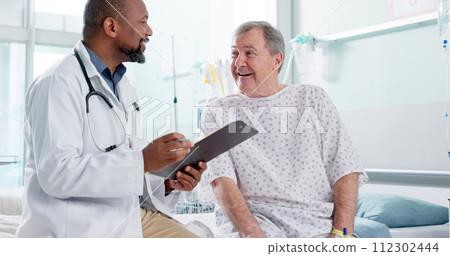 Man, doctor and patient in consultation, diagnosis or explaining prescription on hospital bed. Male person, medical or healthcare surgeon consulting customer for health advice or results at clinic Man, doctor and patient in consultation, diagnosis or explaining prescription on hospital bed. Male person, medical or healthcare surgeon consulting customer for health advice or results at clinic 112302444