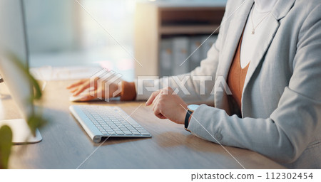 Hands of woman at desk with computer, typing email or report for article at digital agency. Internet, research and businesswoman at tech startup with online review, networking project and writing. Hands of woman at desk with computer, typing email or report for article at digital agency. Internet, research and businesswoman at tech startup with online review, networking project and writing. 112302454
