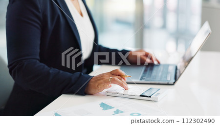Business hands, calculator and finance on laptop for budget planning, data analysis or statistics report in office. Bookkeeping accountant or person with documents, numbers and typing on a computer 112302490