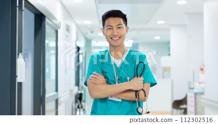 Medical, face and asian man or doctor with stethoscope for wellness, trust and service in hospital or clinic. Portrait, person and expert with happiness for career, cardiology or nursing at workplace 112302516