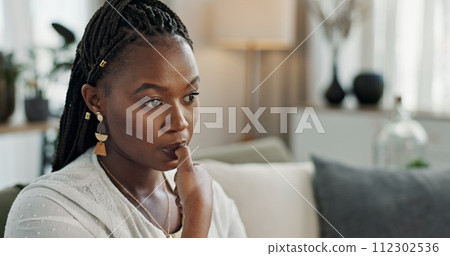 Stress, anxiety and woman biting nails in home with fear, worry and mental health risk. Face of african girl in living room with crisis of trauma, nervous habit and overthinking with doubt of mistake 112302536