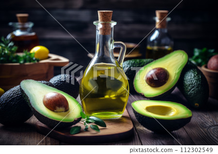 Avocado Oil in a Transparent Bottle Surrounded by Fresh Avocados on a Wooden Surface. 112302549