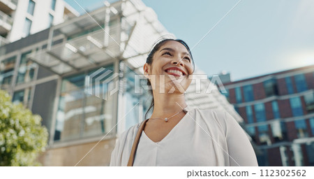 Thinking, planning and business woman in the city looking for ideas or brainstorming for project. Smile, question and professional young female person with positive attitude in urban town street. Thinking, planning and business woman in the city looking for ideas or brainstorming for project. Smile, question and professional young female person with positive attitude in urban town street. 112302562