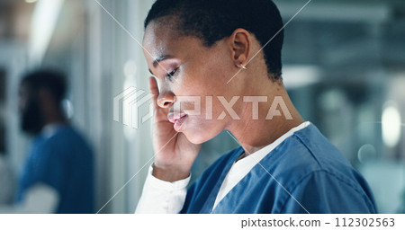 Doctor, stress and black woman with headache, anxiety or neck pain while working in a hospital at night. Healthcare, anxiety and female nurse with burnout, vertigo or joint, fibromyalgia or tension 112302563