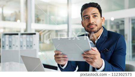 Business man, thinking of ideas and tablet for investment, email or stock market solution in office. Young trader or corporate employee with vision, online goals or target with digital technology Business man, thinking of ideas and tablet for investment, email or stock market solution in office. Young trader or corporate employee with vision, online goals or target with digital technology 112302573