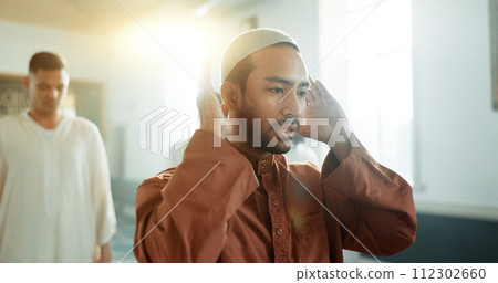 Muslim, praying and man in a Mosque for spiritual religion together as a group to worship Allah in Ramadan. Islamic, Arabic and holy people with peace or respect for gratitude, trust and hope 112302660