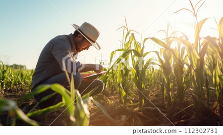 Farmer working on tablet computer in corn field at sunset. Technology and agriculture concept Farmer working on tablet computer in corn field at sunset. Technology and agriculture concept 112302731