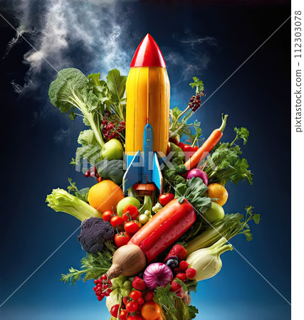 Rocket going from earth to space with vegetables and fruits. 112303078