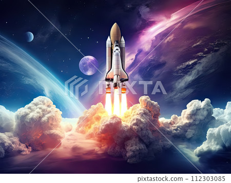 Rocket going from earth to space. Watercolor illustration. Rocket going from earth to space. Watercolor illustration. 112303085