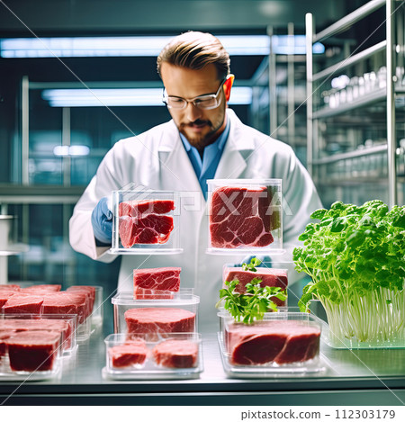 Concept of meat cultured from animal somatic cells. Meat sample in the disposable plastic container in modern laboratory. Concept of meat cultured from animal somatic cells. Meat sample in the disposable plastic container in modern laboratory. 112303179