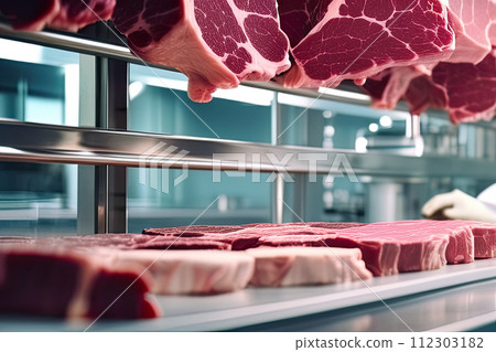 Concept of meat cultured from animal somatic cells. Meat sample in the disposable plastic container in modern laboratory. 112303182