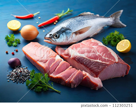 Concept of meat cultured from animal somatic cells. Meat and fish. 112303251