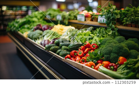 Variety of fresh vegetables on a shelf in a grocery store. 112303259