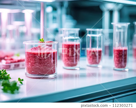 Concept of meat cultured from animal somatic cells. Meat sample in the disposable plastic container in modern laboratory. Concept of meat cultured from animal somatic cells. Meat sample in the disposable plastic container in modern laboratory. 112303271