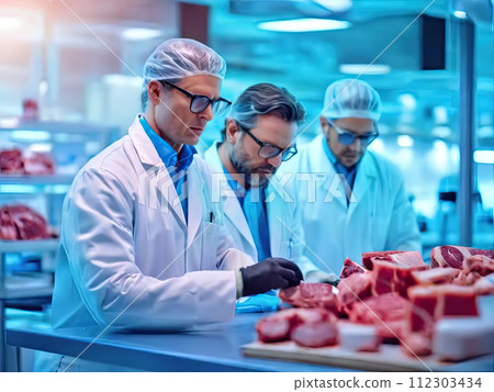 Concept of meat cultured from animal somatic cells. Meat sample in the disposable plastic container in modern laboratory. 112303434