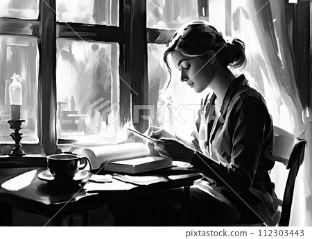 Attractive young woman reading book in a cafe. Attractive young woman reading book in a cafe. 112303443