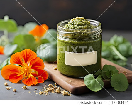 Sauce made from nasturtium plant leaves and flowers. Sauce made from nasturtium plant leaves and flowers. 112303495