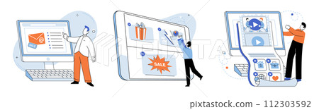 Online advertising vector illustration. Generating innovative ideas is essential for creating impactful online advertising campaigns Feedback from customers provides valuable insights for improving 112303592