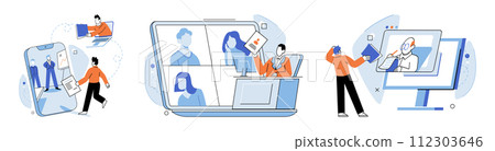 Online video meeting. Vector illustration. Distance is overcome through technology in international online video meetings Education embraces concept online video meetings for remote learning 112303646