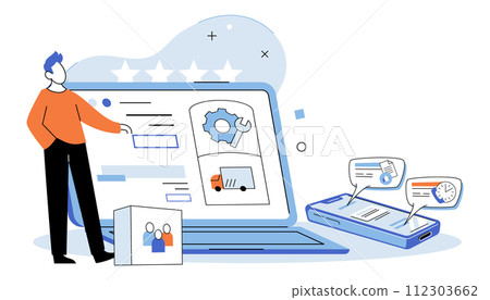 Business services. Vector illustration. Open and transparent communication is vital in delivering excellent business services Choosing career in business industry offers wide range of opportunities 112303662