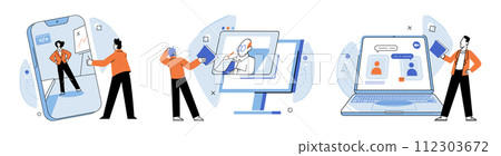 Online video meeting. Vector illustration. Togetherness is achieved through collaboration in virtual meetings Video calls create sense closeness in online interactions Online meetings revolutionize 112303672