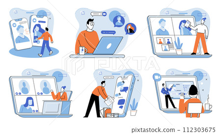 Online video meeting. Vector illustration. Cyberspace serves as backdrop for meaningful connections in virtual meetings The connection between participants is established through online video meetings 112303675