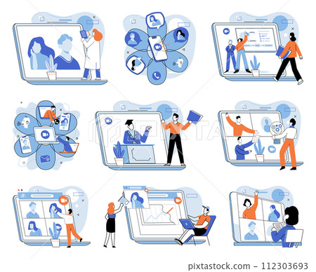 Online video meeting. Vector illustration. Online meetings revolutionize way we connect and collaborate Video conferences bridge distance between participants in virtual meetings The network 112303693