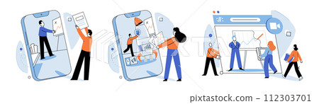 Online video meeting. Vector illustration. Conferences serve as platform for knowledge exchange and effective communication Cooperation is fostered through discussions in online video meetings 112303701