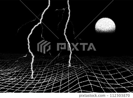 Space landscape with lightning strike in retro book style. Dotwork scene with grid terrain, and thunderbolt 112303870