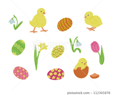 Easter collection with flat chicks, eggs and flowers. Spring concept. Sketchy hand drawn elements on white background. Ideal for decoration, stickers, greetings, banner and background Easter collection with flat chicks, eggs and flowers. Spring concept. Sketchy hand drawn elements on white background. Ideal for decoration, stickers, greetings, banner and background 112303876
