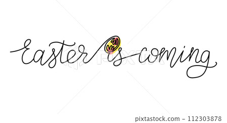 Monoline hand drawn Easter lettering with egg. Easter is coming slogan. Easter celebration concept. Single line phrase with silhouette of easter egg. Isolated vector illustration Monoline hand drawn Easter lettering with egg. Easter is coming slogan. Easter celebration concept. Single line phrase with silhouette of easter egg. Isolated vector illustration 112303878