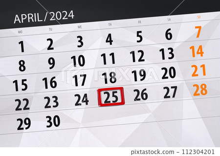 Calendar 2024, deadline, day, month, page, organizer, date, April, thursday, number 25 112304201
