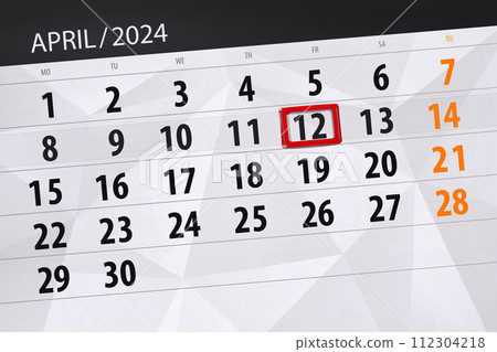Calendar 2024, deadline, day, month, page, organizer, date, April, friday, number 12 112304218