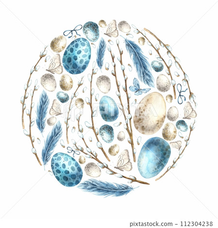 Watercolor round composition of willow, eggs, feathers and butterflies. Drawing on isolated background for greeting cards, invitations, happy holidays, posters, graphic design, print. 112304238