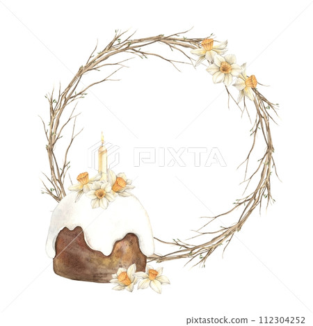 Watercolor round wreath of branches with a watering can, daffodils and a candle. Hand drawn illustrations on isolated background for greeting cards, invitations, happy holidays, posters, graphic desig 112304252