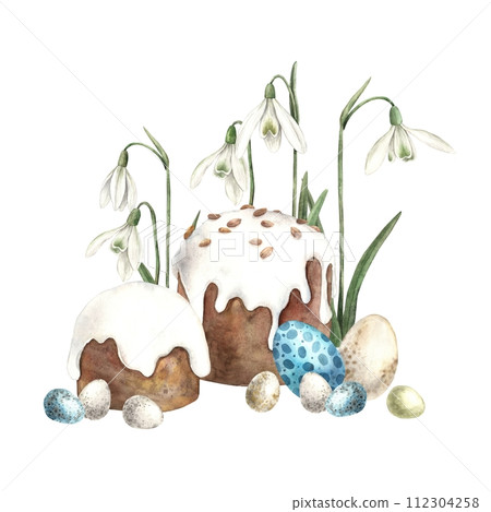 Watercolor Easter composition with Easter cake, snowdrops and eggs. Hand drawn illustrations on isolated background for greeting cards, invitations, happy holidays, posters, graphic design, print, Watercolor Easter composition with Easter cake, snowdrops and eggs. Hand drawn illustrations on isolated background for greeting cards, invitations, happy holidays, posters, graphic design, print, 112304258