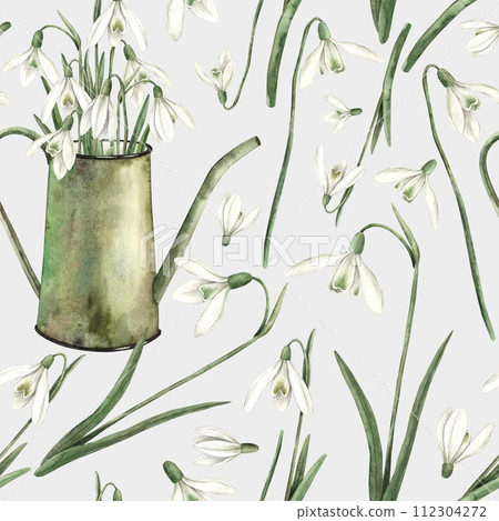 Watercolor pattern on a gray background with snowdrops and watering can. Hand drawn illustration on isolated background for greeting cards, invitations, happy holidays, posters, fabric, wallpaper. 112304272