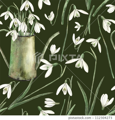 Watercolor pattern on a green background with snowdrops and a watering can. Hand drawn illustration on isolated background for greeting cards, invitations, happy holidays, posters, fabric, wallpaper. 112304273