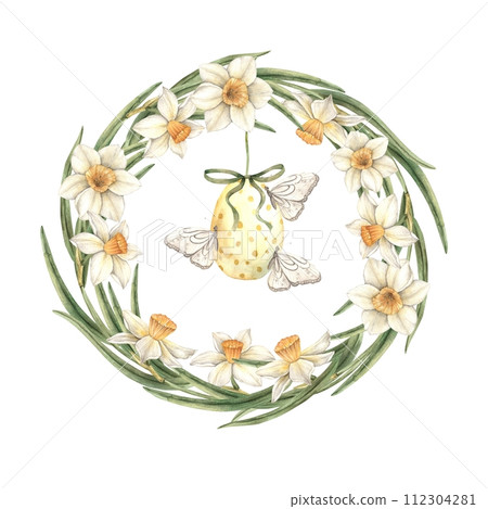 Watercolor Easter round frame of daffodils and egg with butterflies. The illustration is hand drawn on an isolated background. Drawing for greeting cards, invitations, posters, book illustrations, fab 112304281