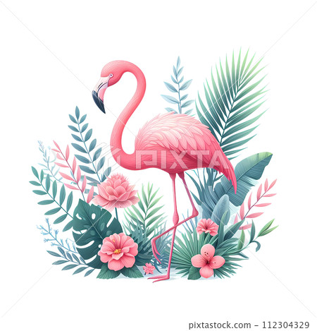 Pink Flamingo bird with tropical plants and flowers 112304329